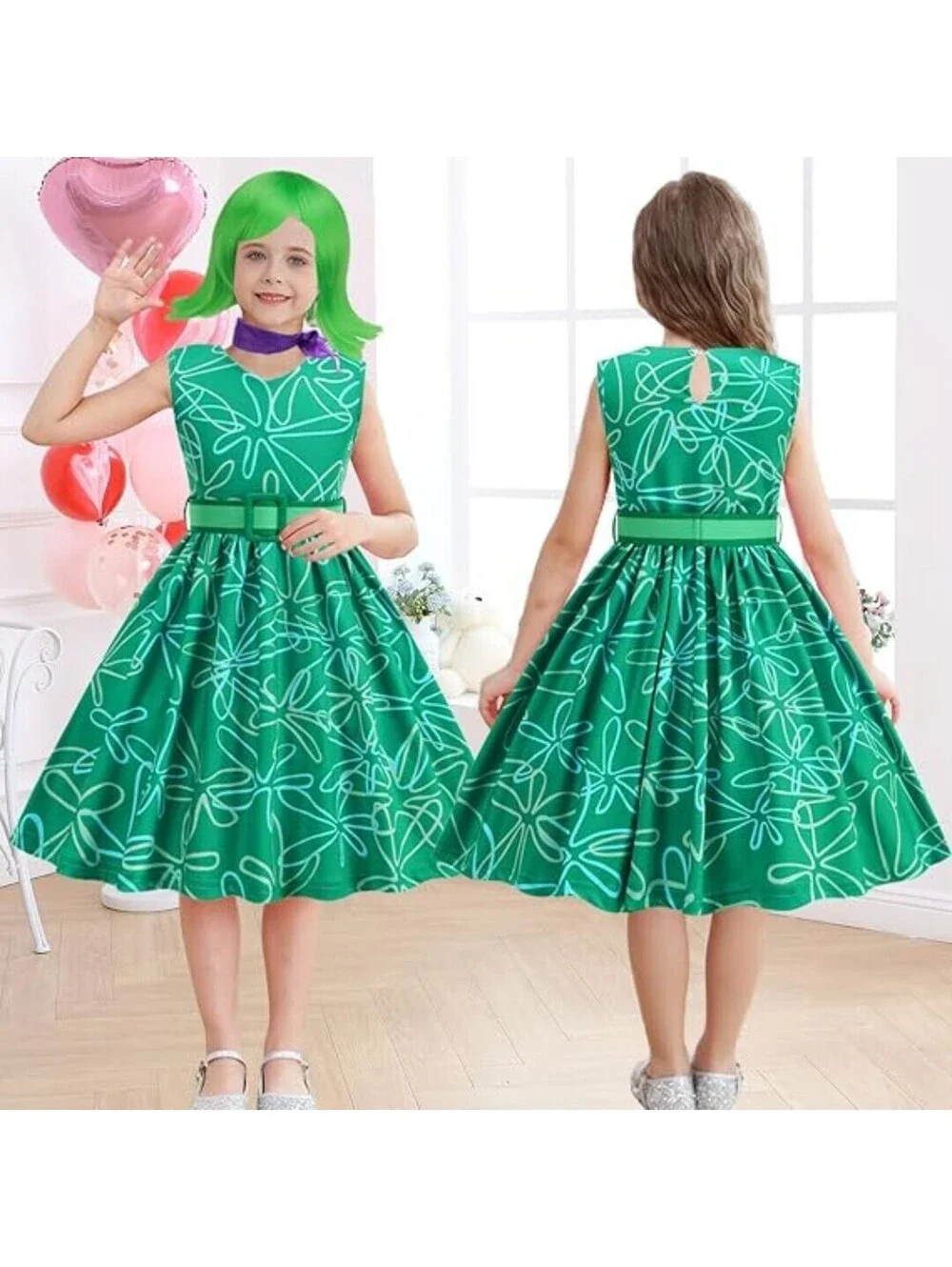NWT Luzlen Girls Green Fancy Dress with Wig Costume or Theme Party, 120 (4-5 yr)